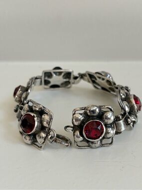 Rare Hobé Sterling Silver Flower Link Bracelet with Red stones